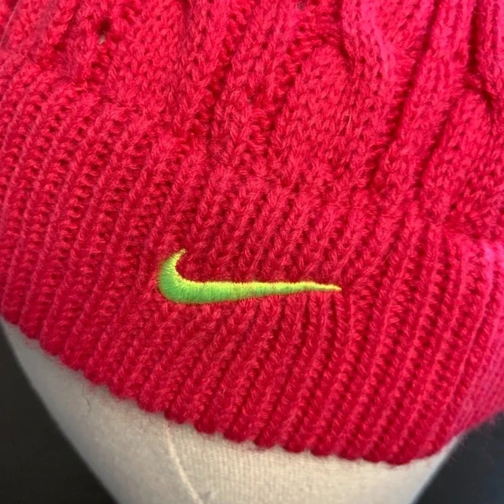 Nike Youth Swoosh Knit Pom‎ Beanie Hat & Gloves Set Neon Pink/Green Girls